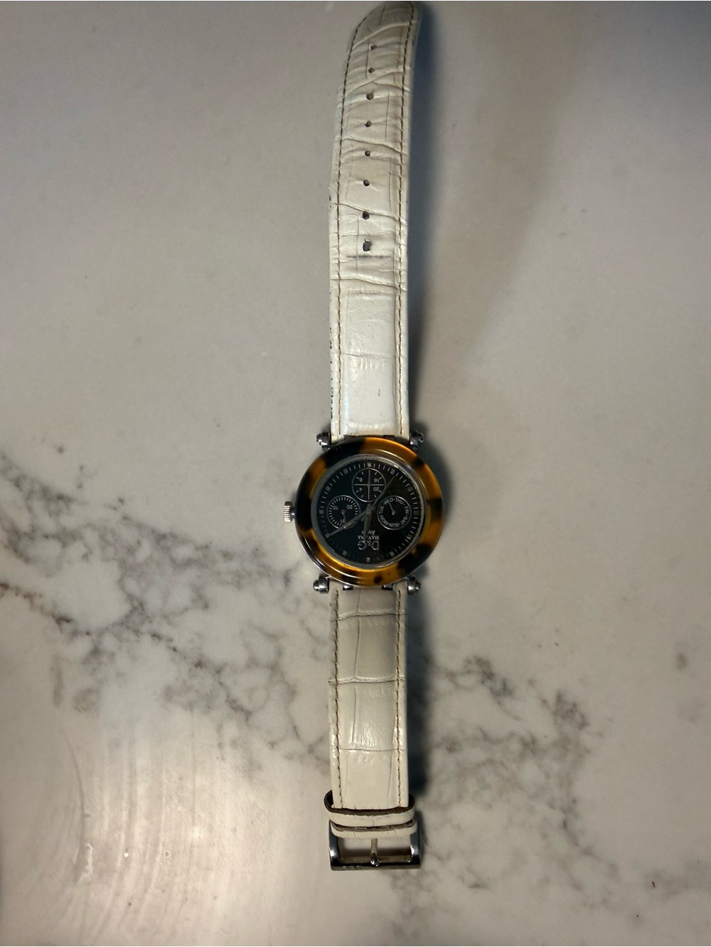White Leather Strap women’s D&G Watch with Tortoiseshell Bezel